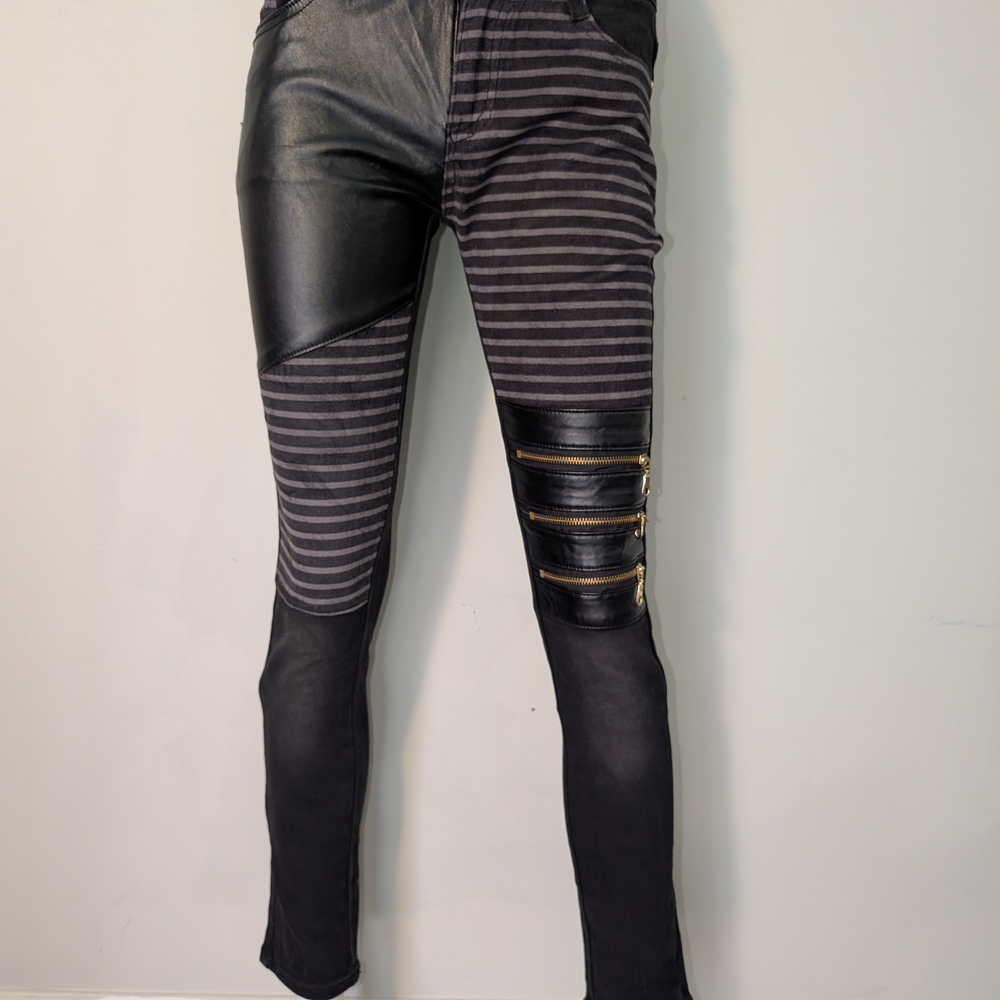 Striped Black and Gray Pants with Leather Accents